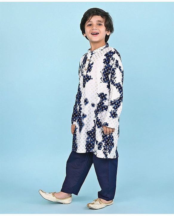 Babyhug Cotton Woven Cambric Full Sleeves Foil Printed Tie and Dye Kurta Pyjama Set - White & Navy