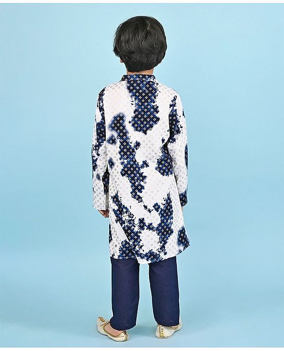 Babyhug Cotton Woven Cambric Full Sleeves Foil Printed Tie and Dye Kurta Pyjama Set - White & Navy