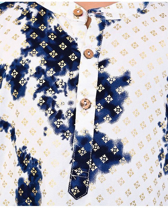 Babyhug Cotton Woven Cambric Full Sleeves Foil Printed Tie and Dye Kurta Pyjama Set - White & Navy