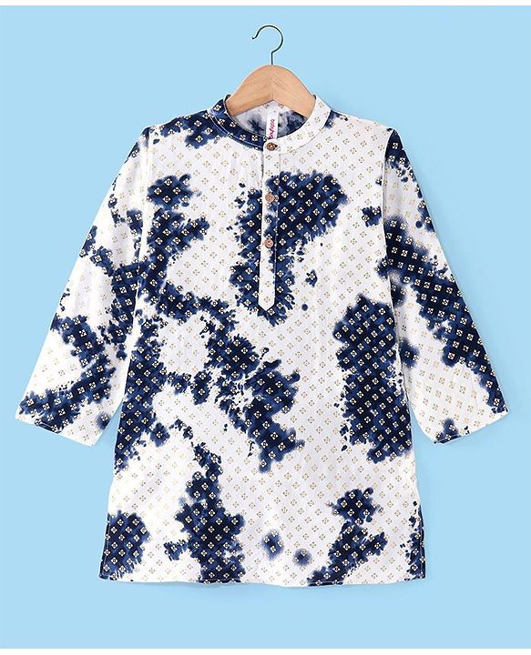 Babyhug Cotton Woven Cambric Full Sleeves Foil Printed Tie and Dye Kurta Pyjama Set - White & Navy