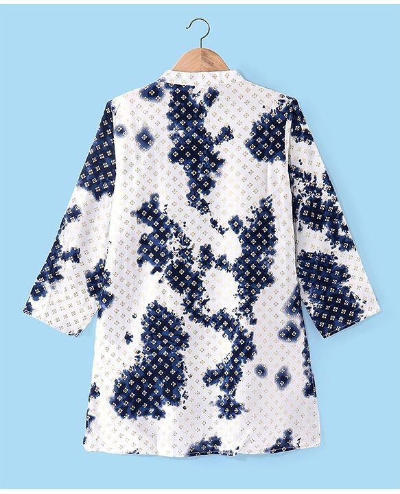 Babyhug Cotton Woven Cambric Full Sleeves Foil Printed Tie and Dye Kurta Pyjama Set - White & Navy