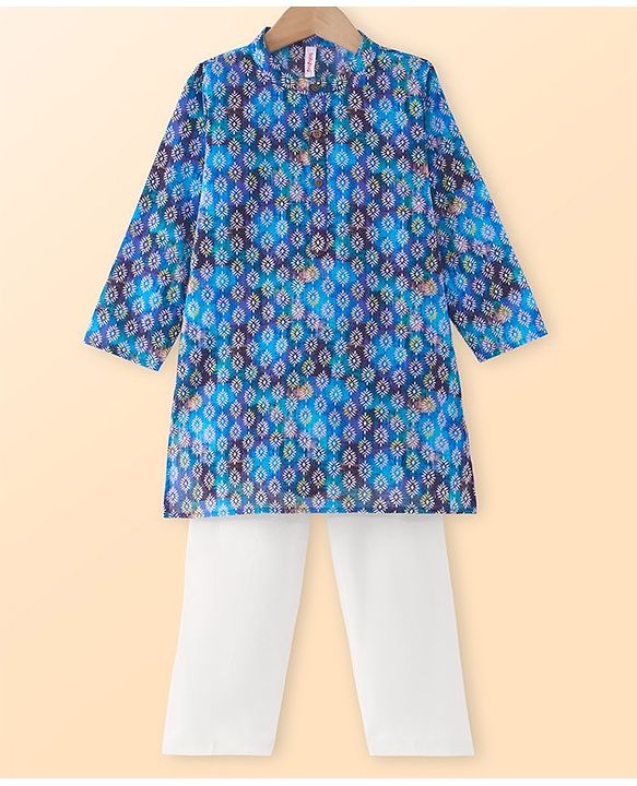 Babyhug Cotton Woven Cambric Floral Printed Full Sleeves Kurta & Pyjama Set - Blue
