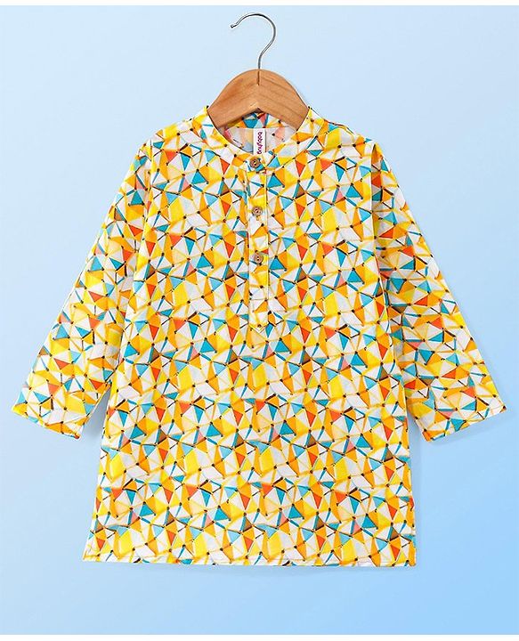 Babyhug Cambric Woven Full Sleeves  Kurta Pyjama Set with Abstract Print - Yellow