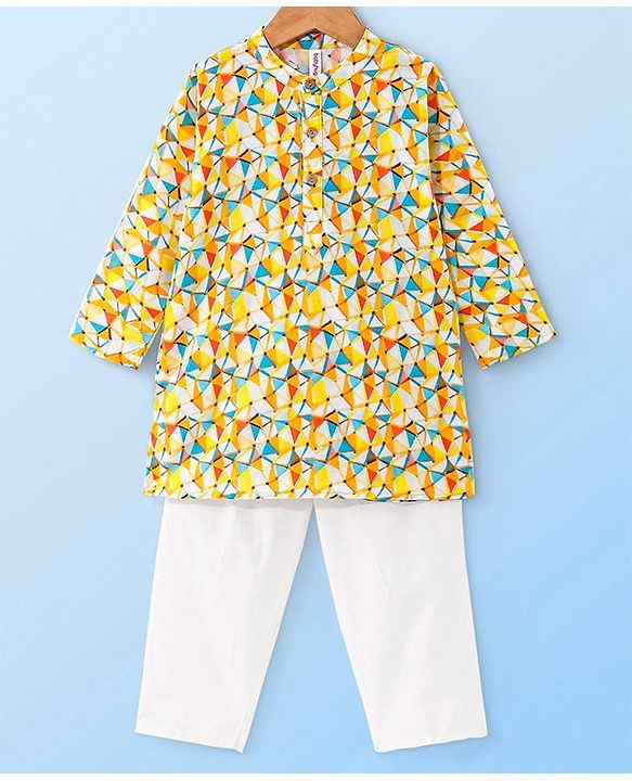 Babyhug Cambric Woven Full Sleeves  Kurta Pyjama Set with Abstract Print - Yellow