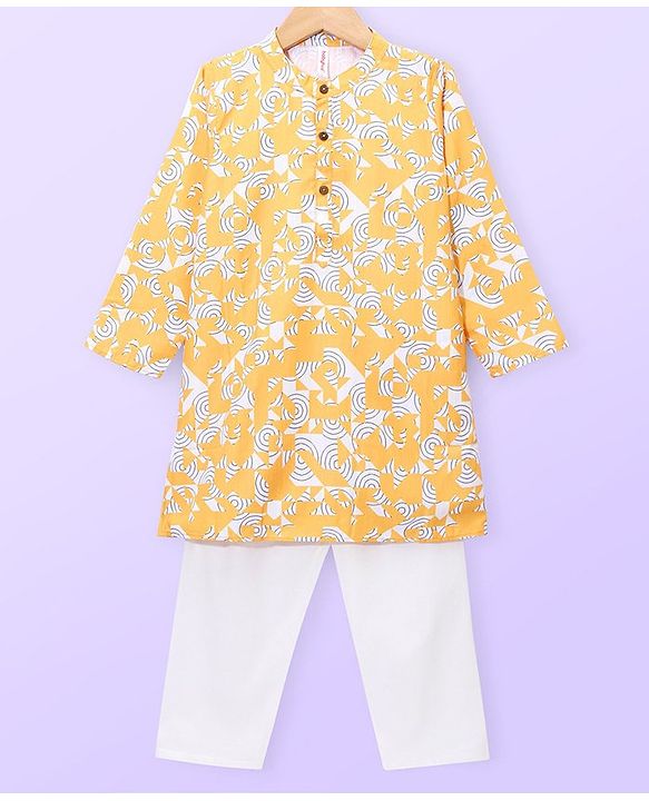 Babyhug Cotton Woven Cambric Full Sleeves Kurta Pyjama Set Geometric Print - Yellow