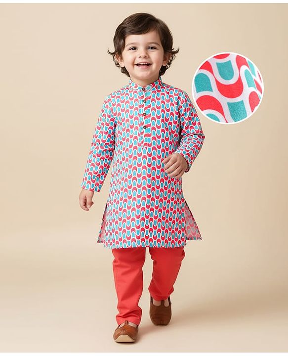 Babyhug Cotton Woven Cambric Printed Full Sleeves Kurta & Pyjama Set - Red