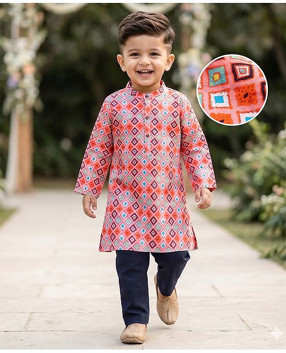 Babyhug Cotton Woven Cambric Full Sleeves Kurta Pyjama Set Square Print - Pink