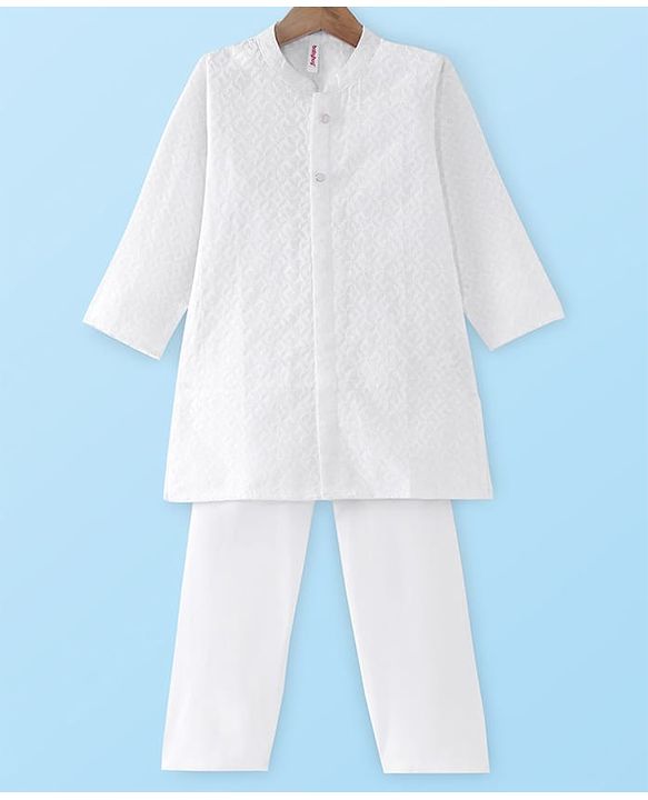 Babyhug Cotton Woven Cambric Embroidered Full Sleeves Kurta & Pyjama Set - White