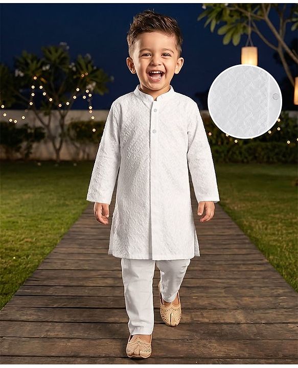 Babyhug Cotton Woven Cambric Embroidered Full Sleeves Kurta & Pyjama Set - White