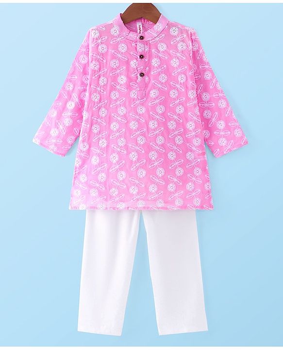 Babyhug Cotton Cambric Woven Full Sleeves Floral Embroidered Kurta Pyjama Set - Pink