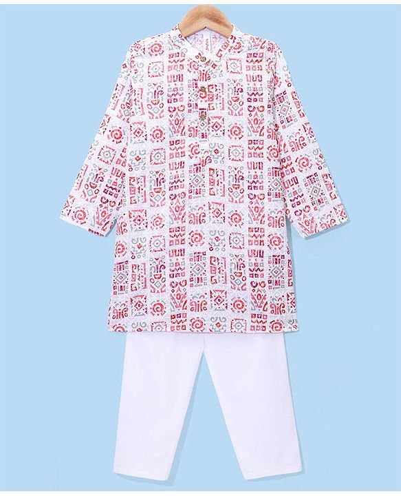 Babyhug Cambric Woven Full Sleeves Embroidered Printed  Kurta & Pyjama Set - Multicolour