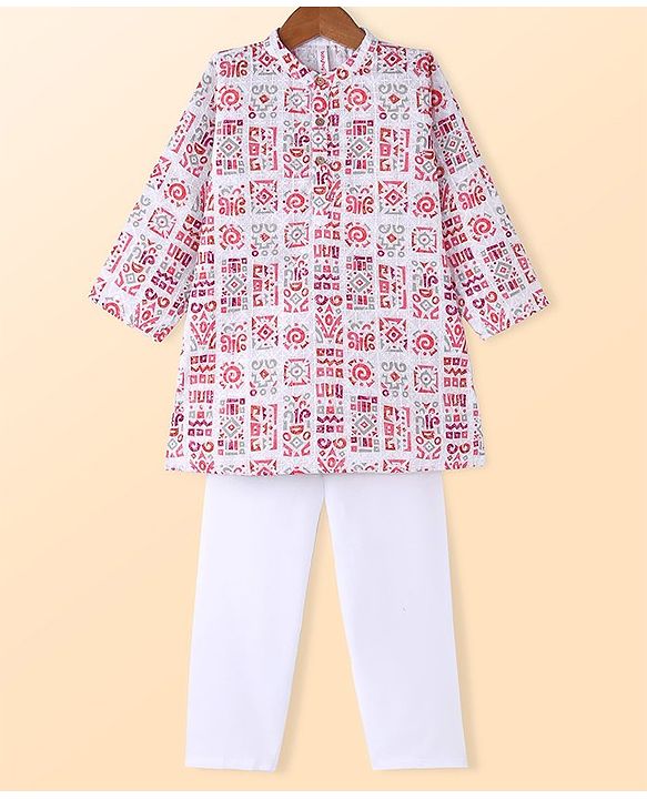 Babyhug Cotton Woven Cambric Full Sleeves Embroidered & Printed Kurta Pyjama Set - Multicolor