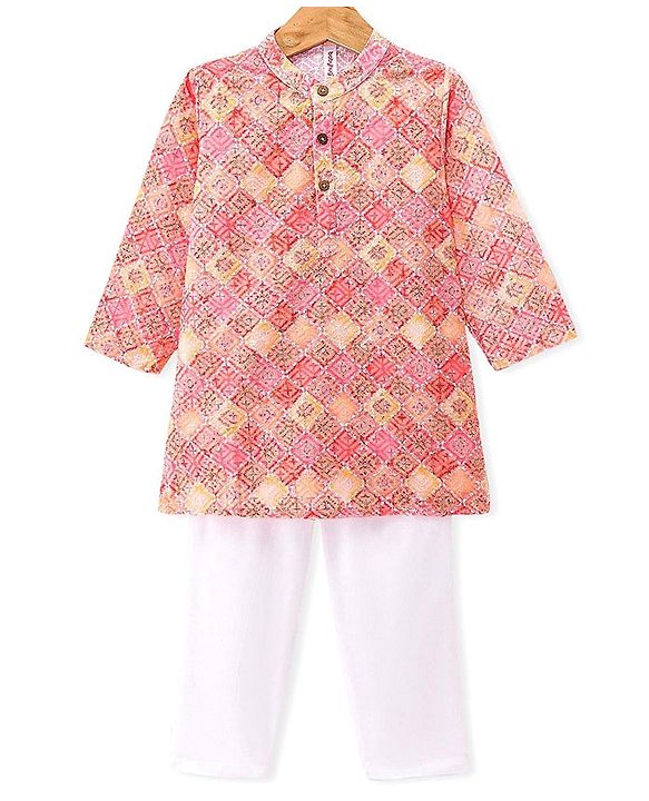 Babyhug Cambric Woven Full Sleeves Floral Embroidered Kurta Pyjama Set - Peach