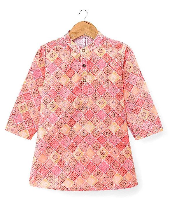 Babyhug Cambric Woven Full Sleeves Floral Embroidered Kurta Pyjama Set - Peach