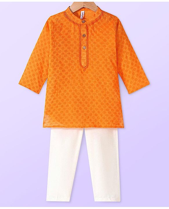 Babyhug Cambric  Dobby Full Sleeves Kurta Pyjama Set - Orange