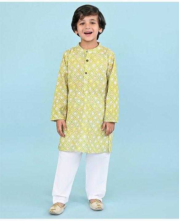 Babyhug Cambric Full Sleeves Embroidered Kurta & Pyjama Set - Green