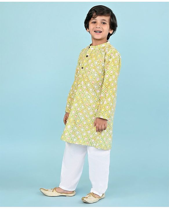 Babyhug Cambric Full Sleeves Embroidered Kurta & Pyjama Set - Green