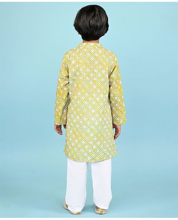 Babyhug Cambric Full Sleeves Embroidered Kurta & Pyjama Set - Green