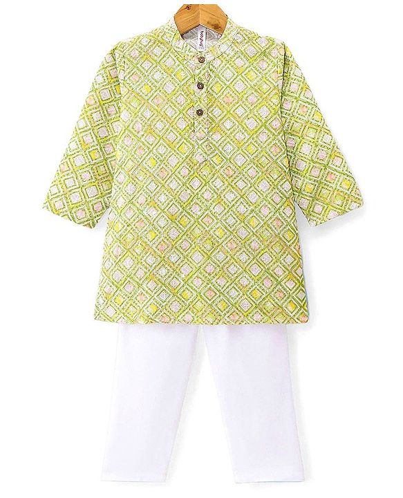 Babyhug Cambric Full Sleeves Embroidered Kurta & Pyjama Set - Green