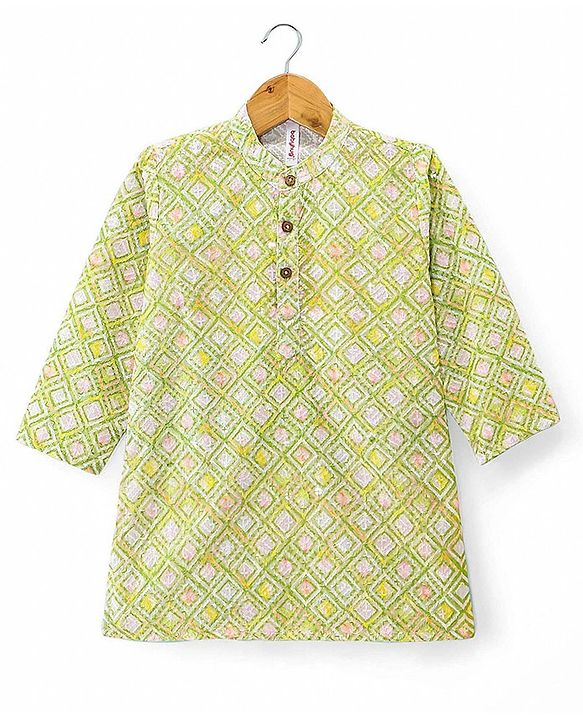 Babyhug Cambric Full Sleeves Embroidered Kurta & Pyjama Set - Green