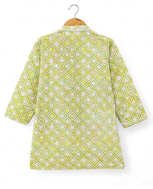 Babyhug Cambric Full Sleeves Embroidered Kurta & Pyjama Set - Green