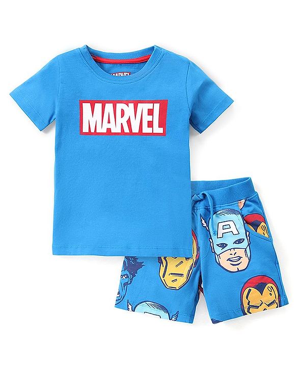 Babyhug Marvel  100% Cotton Knit Half Sleeve Night Suit with Avengers Graphics- Blue