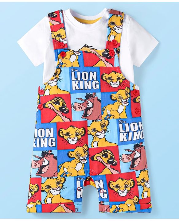 Babyhug Disney Cotton Knit  Half Sleeves T-shirt and Terry Dungaree Set with Lion King Graphics - Multicolour