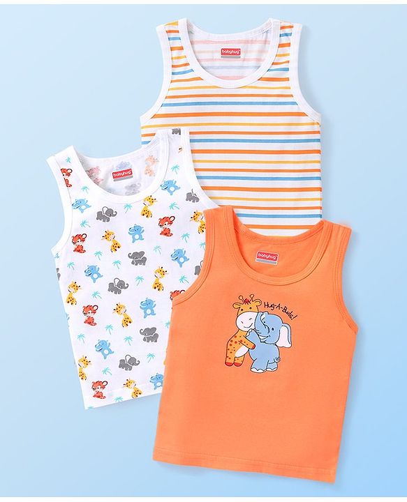 Babyhug 100% Cotton Knit Sleeveless Vests with Striped & Animal Print Pack of 3 - Multicolor