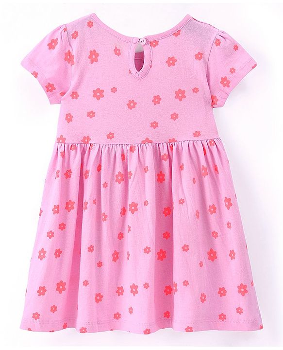Babyhug Single Jersey Knit Half Sleeves Frock with Floral Print & Bloomer - Pink
