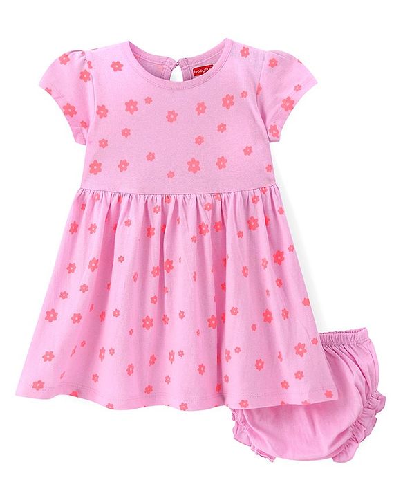 Babyhug Single Jersey Knit Half Sleeves Frock with Floral Print & Bloomer - Pink