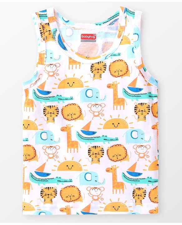 Babyhug 100% Cotton Knit Sleeveless Jungle Safari Printed Sando Pack of 3 - Multicolour