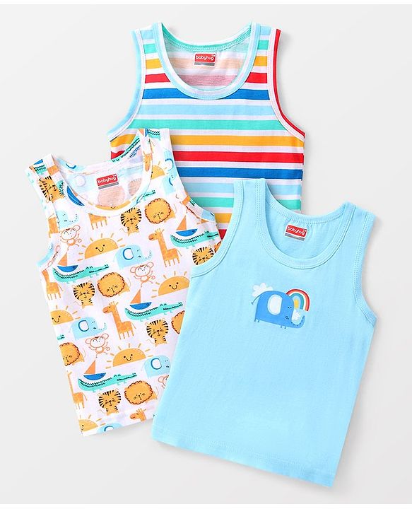 Babyhug 100% Cotton Knit Sleeveless Jungle Safari Printed Sando Pack of 3 - Multicolour