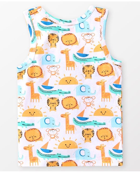 Babyhug 100% Cotton Knit Sleeveless Jungle Safari Printed Sando Pack of 3 - Multicolour
