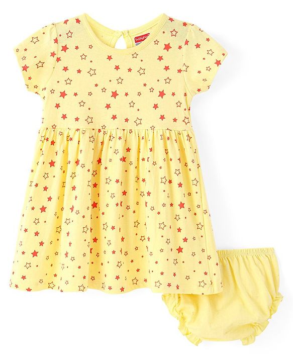 Babyhug Single Jersey Knit Half Sleeves Star Printed Frock with Bloomer - Yellow