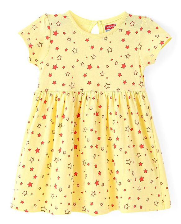 Babyhug Single Jersey Knit Half Sleeves Star Printed Frock with Bloomer - Yellow
