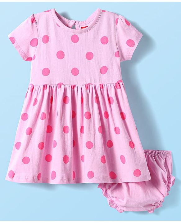Babyhug Single Jersey Knit Half Sleeves Polka Dots Printed Frock with Bloomer - Pink