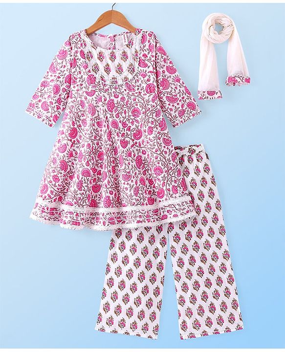Babyhug Cambric Woven Three Fourth Sleeves Floral Printed  Kurta & Palazzo Set with Dupatta & Lace Detailing - White & Pink