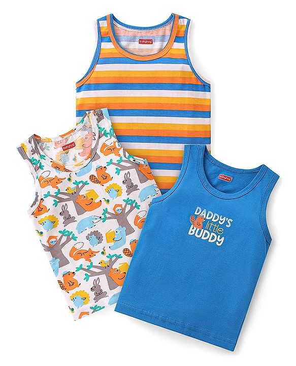 Babyhug 100% Cotton Knit Sleeveless Vests with Animal Print & Stripes Pattern Pack of 3 - Multicolor