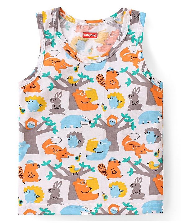 Babyhug 100% Cotton Knit Sleeveless Vests with Animal Print & Stripes Pattern Pack of 3 - Multicolor
