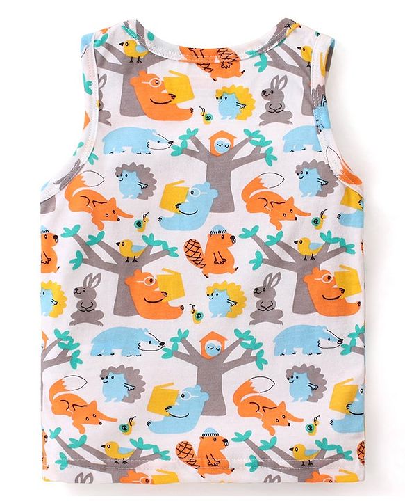 Babyhug 100% Cotton Knit Sleeveless Vests with Animal Print & Stripes Pattern Pack of 3 - Multicolor