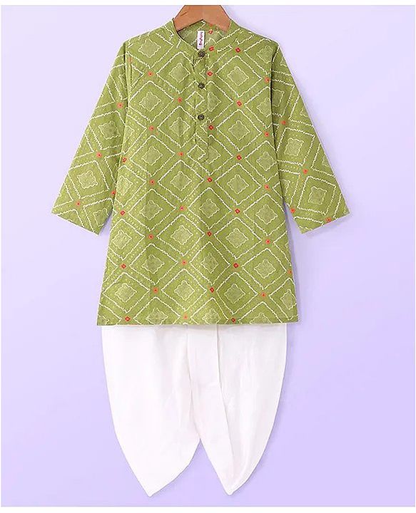 Babyhug Cambric Woven Full Sleeves Printed Kurta Dhoti Set - Green