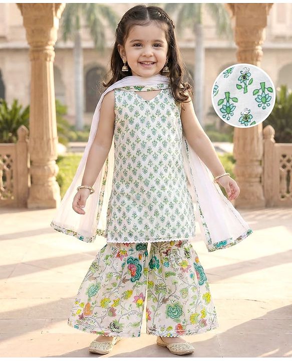 Babyhug Woven Sleeveless Floral Printed Kurta & Gharara Set with Dupatta - White