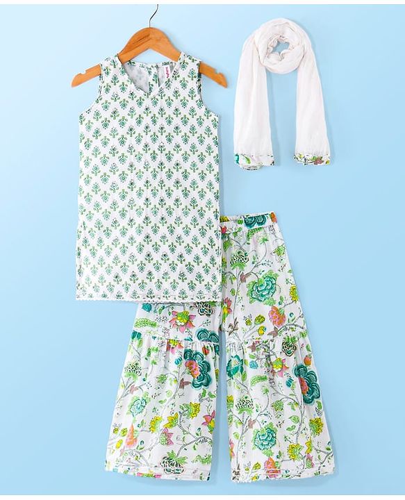 Babyhug Woven Sleeveless Floral Printed Kurta & Gharara Set with Dupatta - White