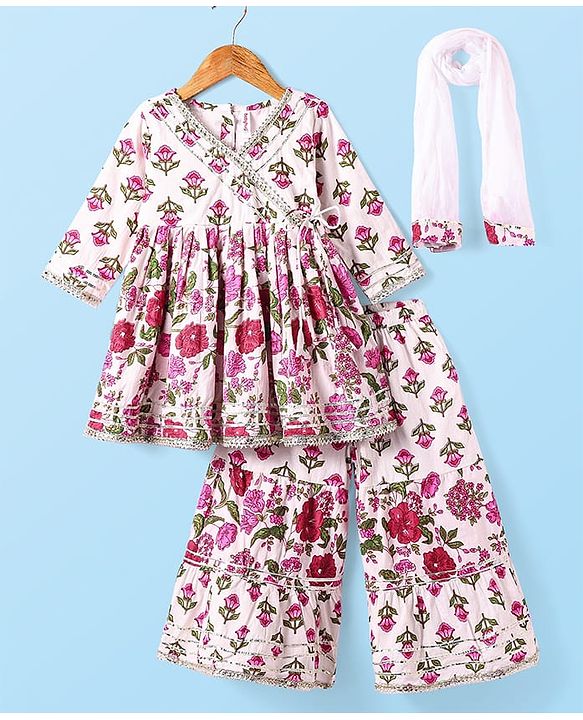 Babyhug Cotton Cambric Woven Three Fourth  Sleeves Floral Printed Kurti Gharara Set with Dupatta & Embroidery Detailing - Off White