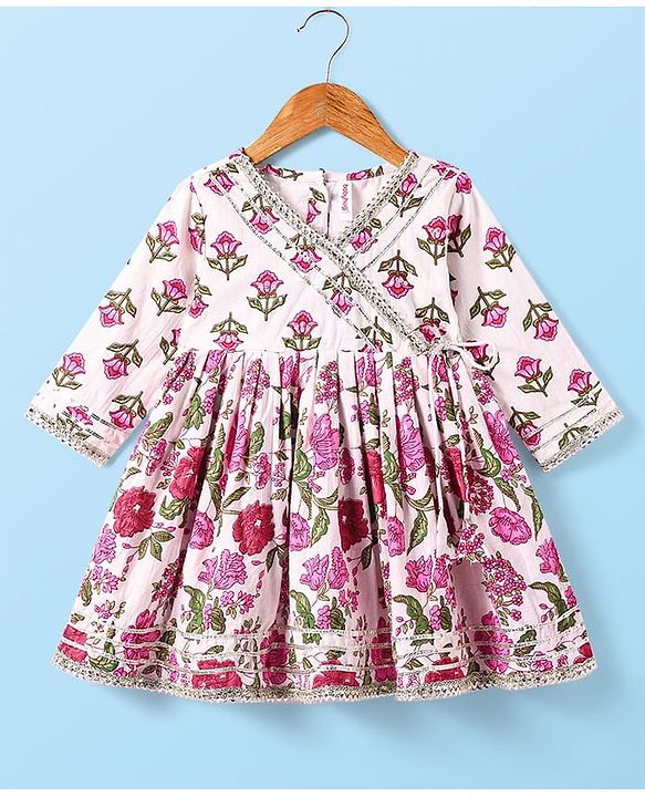 Babyhug Cotton Cambric Woven Three Fourth  Sleeves Floral Printed Kurti Gharara Set with Dupatta & Embroidery Detailing - Off White