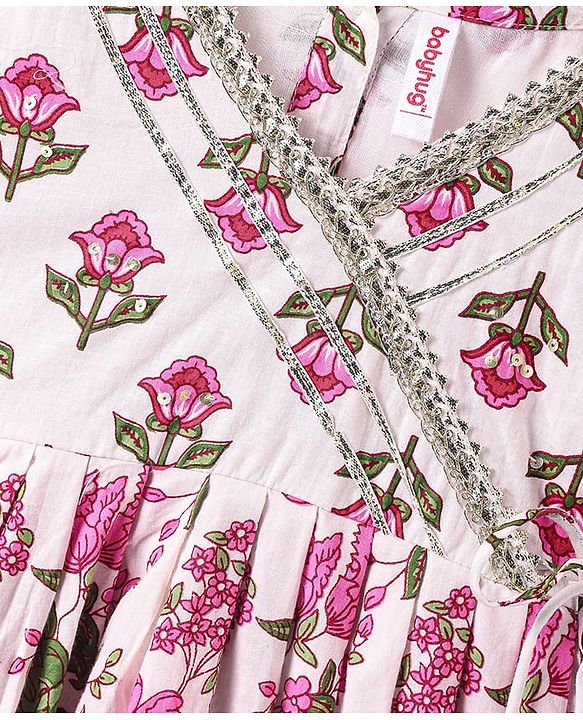 Babyhug Cotton Cambric Woven Three Fourth  Sleeves Floral Printed Kurti Gharara Set with Dupatta & Embroidery Detailing - Off White
