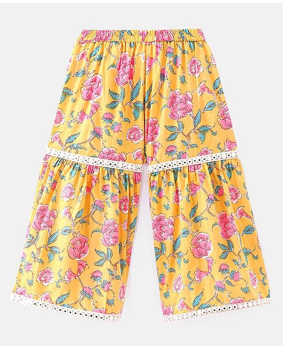 Babyhug Cambric Woven Short Sleeves  Kurta Gharara Set with Lace Detailing Floral Print - Yellow