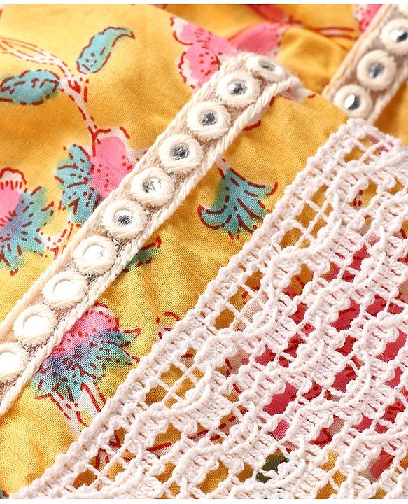 Babyhug Cambric Woven Short Sleeves  Kurta Gharara Set with Lace Detailing Floral Print - Yellow
