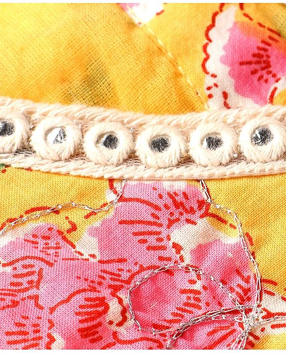 Babyhug Cambric Woven Short Sleeves  Kurta Gharara Set with Lace Detailing Floral Print - Yellow