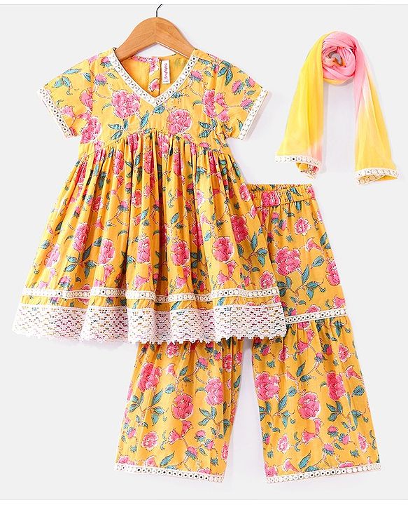 Babyhug Cambric Woven Short Sleeves  Kurta Gharara Set with Lace Detailing Floral Print - Yellow